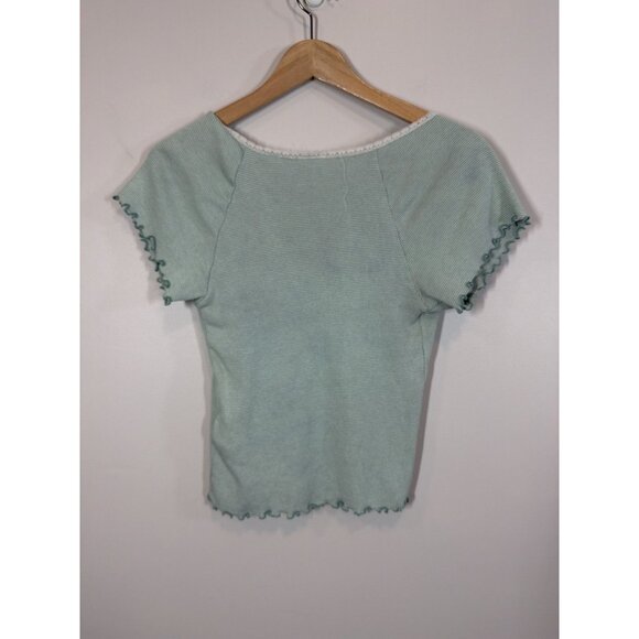 Levi's Dry Goods Light Green Striped V-Neck Tee Medium Ruffled Hem Crop Top - Picture 5 of 7